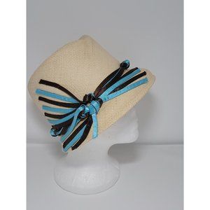 Allyssa Panama Straw Woman’s  Summer hat Blue and Brown Ribbon EUC